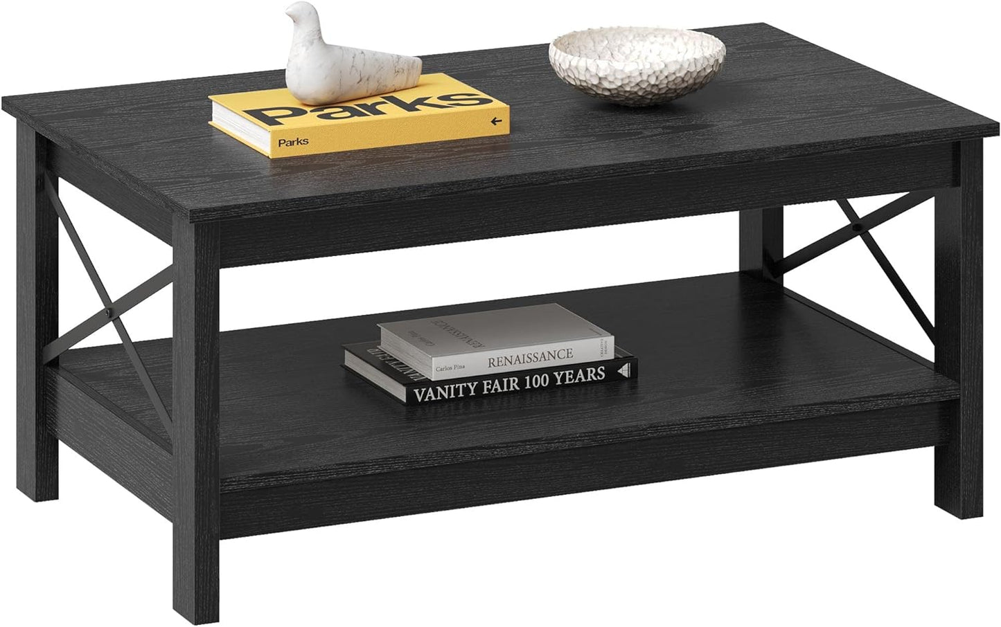 YITAHOME Coffee Table for Living Room,Modern Farmhouse Coffee Table with Storage,2-Tier Center Table for Living Room Wood Living Room Table Accent Cocktail with Sturdy Frame,Black