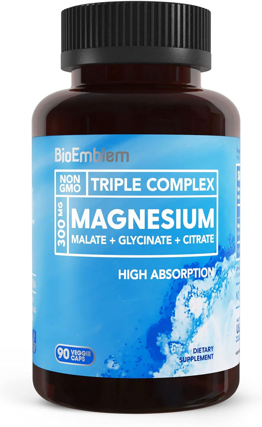 BioEmblem Triple Magnesium Complex | 300mg of Magnesium Glycinate, Malate, & Citrate for Muscles, Nerves, & Energy | High Absorption | Vegan, Non-GMO | 90 Capsules