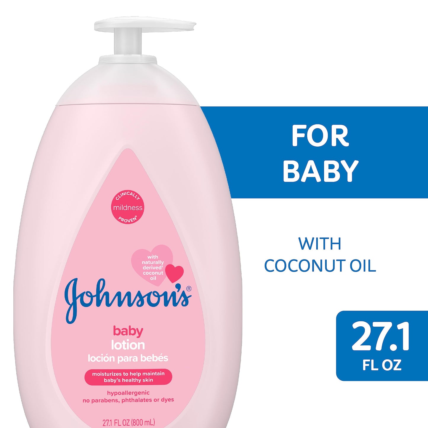 Johnson's Moisturizing Mild Pink Baby Lotion with Coconut Oil for Delicate Baby Skin, Paraben-, Phthalate- & Dye-Free, Hypoallergenic & Dermatologist-Tested, Baby Skin Care, 27.1 Fl. Oz