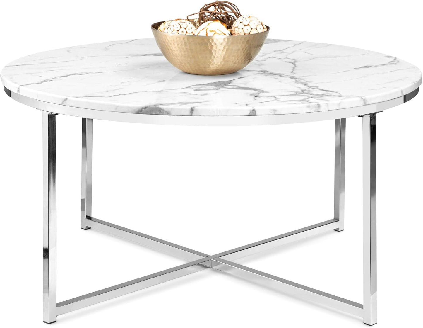 Best Choice Products 36in Faux Marble Accent Table, Modern, Large End Table Home Decor for Living Room, Dining Room, Tea, Coffee w/Metal Frame, Foot Caps, Designer - White/Chrome