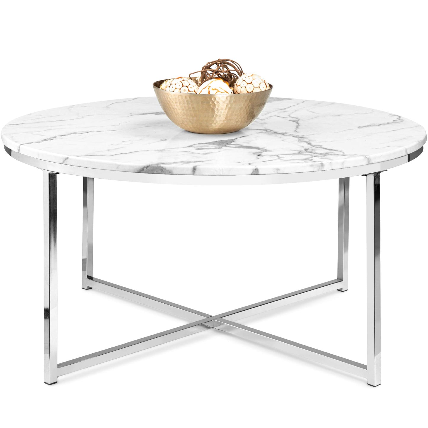 Best Choice Products 36in Faux Marble Accent Table, Modern, Large End Table Home Decor for Living Room, Dining Room, Tea, Coffee w/Metal Frame, Foot Caps, Designer - White/Chrome