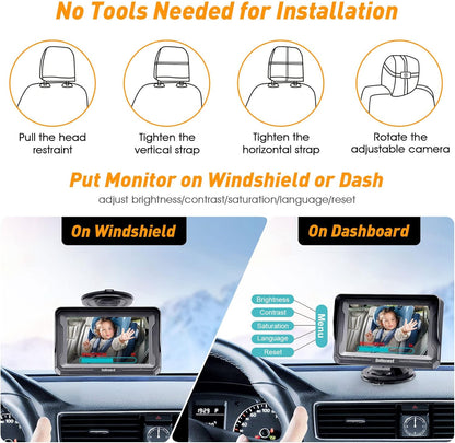 DoHonest Baby Car Camera for Backseat: HD 1080P Easy Setup Carseat Camera Rear Facing Infant - Crystal Night Vision 360° Rotating Baby Car Monitor for Kids - V33