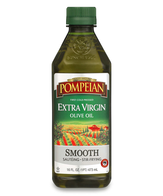 Pompeian Smooth Extra Virgin Olive Oil, First Cold Pressed, Mild and Delicate Flavor, Perfect for Sauteing and Stir-Frying, Naturally Gluten Free, Non-Allergenic, Non-GMO, 16 FL. OZ., Single Bottle