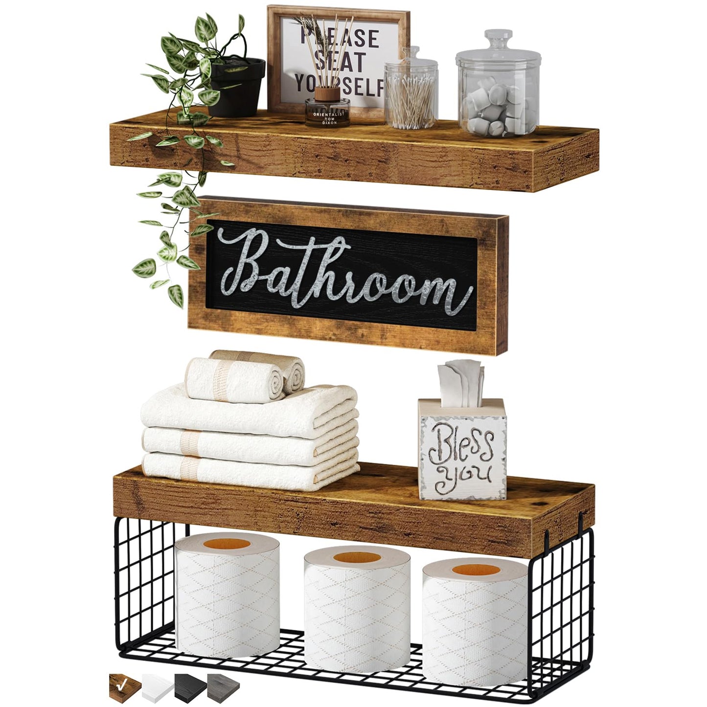 QEEIG ‎Bathroom Furniture Sets Shelves Over Toilet Paper Storage Wall Mounted Farmhouse Decor Decorations Aesthetic Décor Sign Small Floating Wall Shelf 2+1 Set 16 inch, Grey (020GY)