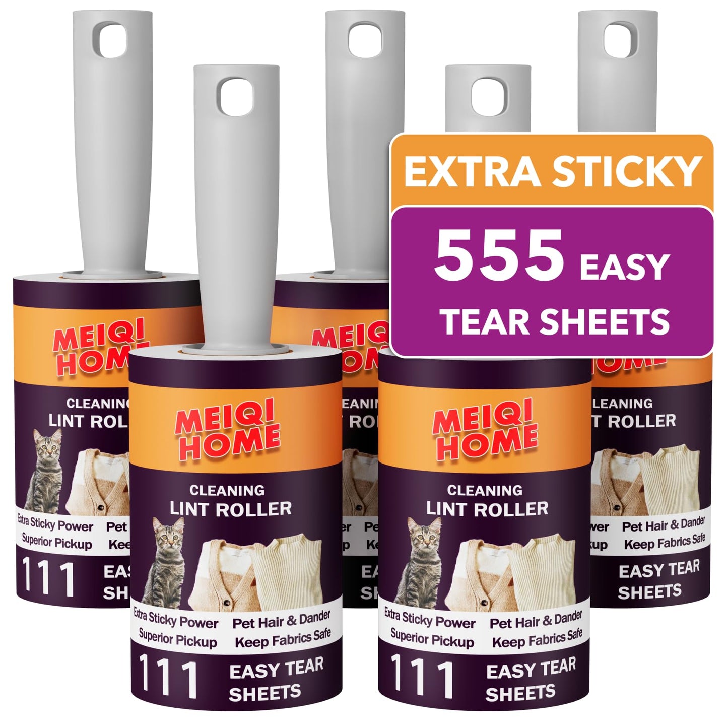 Lint Rollers for Pet Hair Extra Sticky, 555 Sheets Mega Value Set Lint Roller with 5 Upgraded Handles, 5 Rollers Portable Pet Lint Remover for Clothes, Furniture, Carpet, Dog & Cat Hair Removal