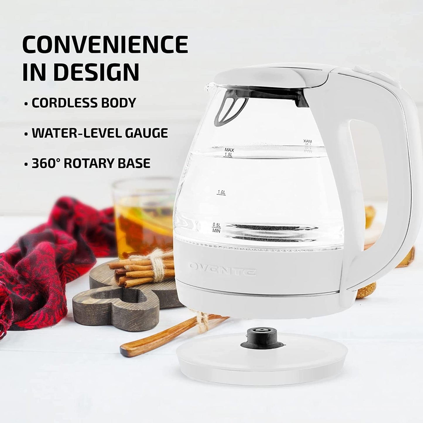 OVENTE Glass Electric Kettle Hot Water Boiler 1.5 Liter Borosilicate Glass Fast Boiling Countertop Heater - BPA Free Auto Shut Off Instant Water Heater Kettle for Coffee & Tea Maker - Black KG83B