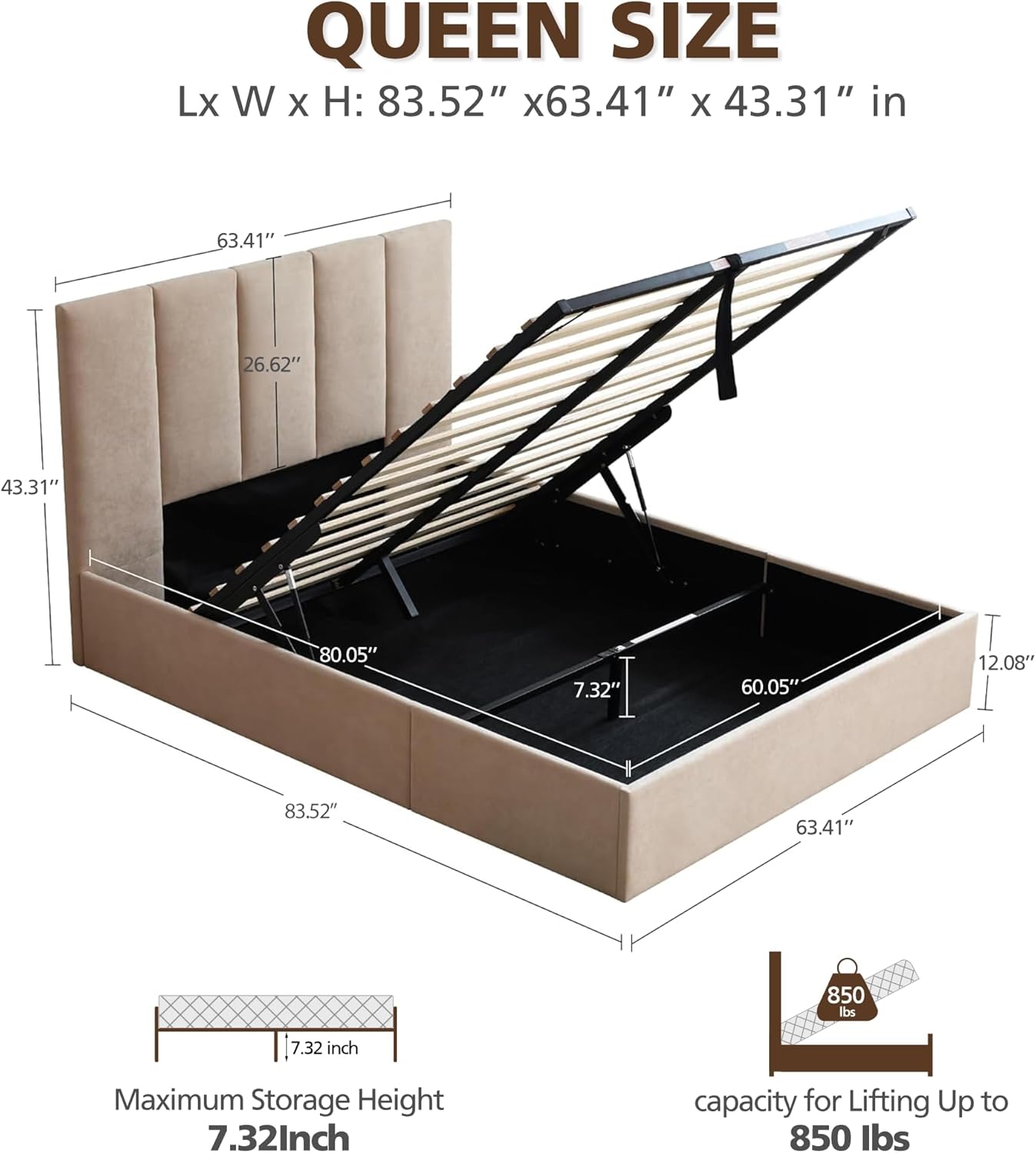 VELOCAVA Queen Size Lift-Up Storage Bed, Hydraulic Linen Upholstered Bed Frame with Vertical Panel Headboard, Wooden Slat Support, No Box Spring Needed, Easy Assembly, Soft Bed, Beige