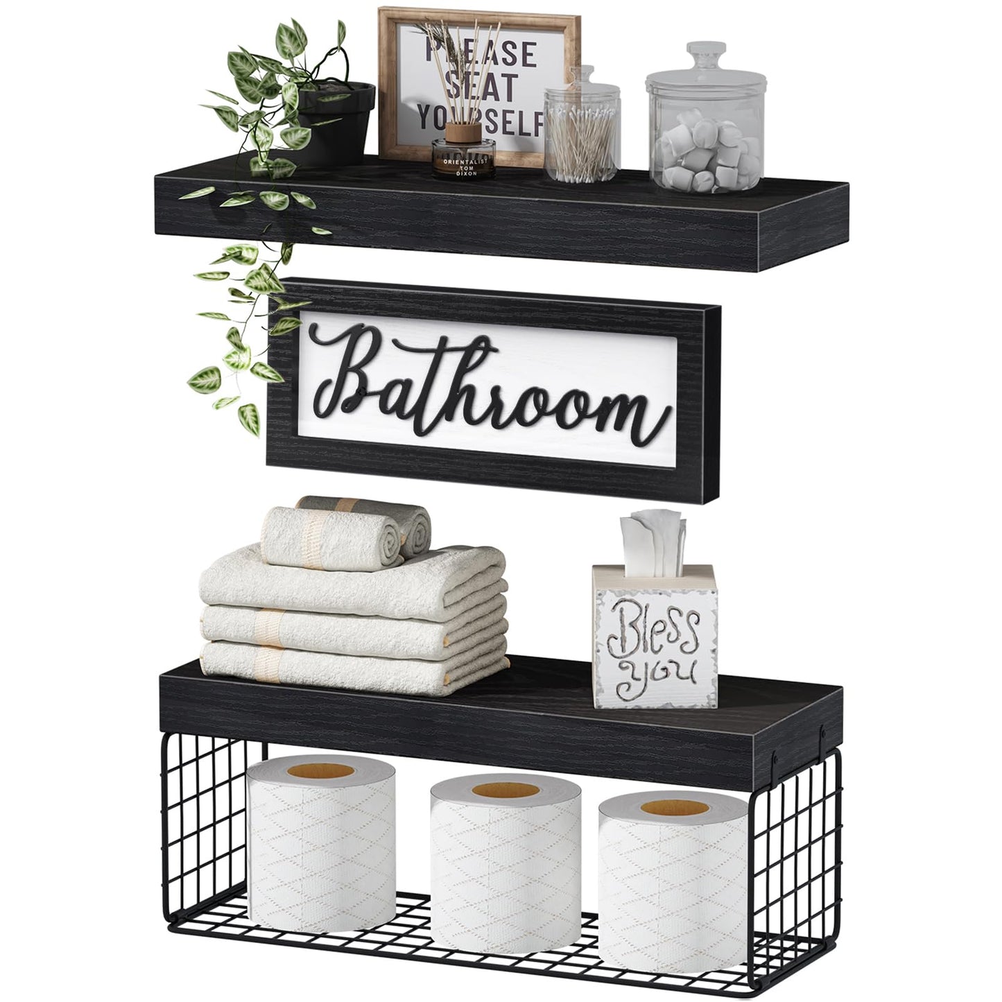 QEEIG ‎Bathroom Furniture Sets Shelves Over Toilet Paper Storage Wall Mounted Farmhouse Decor Decorations Aesthetic Décor Sign Small Floating Wall Shelf 2+1 Set 16 inch, Grey (020GY)