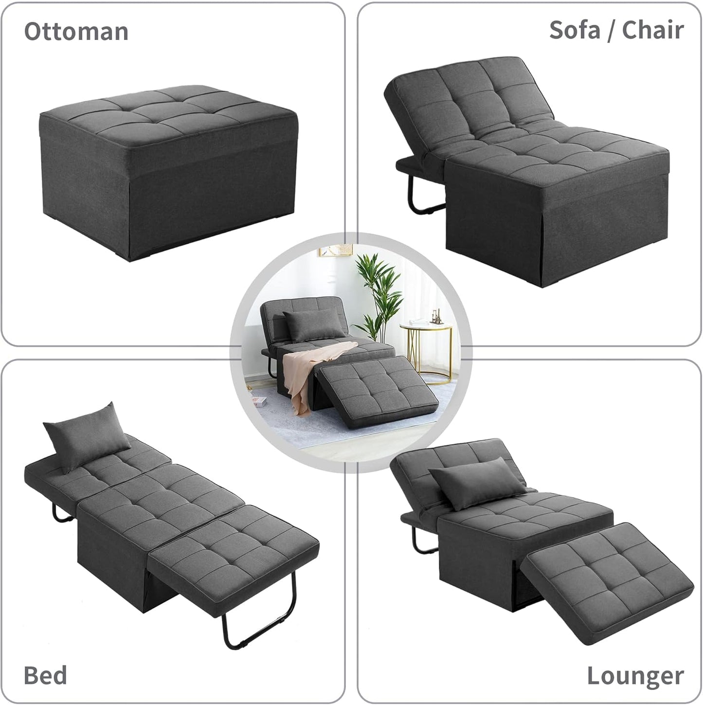 Sofa Bed, 4 in 1 Multi-Function Folding Ottoman Breathable Linen Couch Bed with Adjustable Backrest Modern Convertible Chair for Living Room Apartment Office, Dark Grey