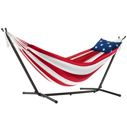 Vivere Double Hammock with Space Saving Steel Stand, Natural (450 lb Capacity - Premium Carry Bag Included)