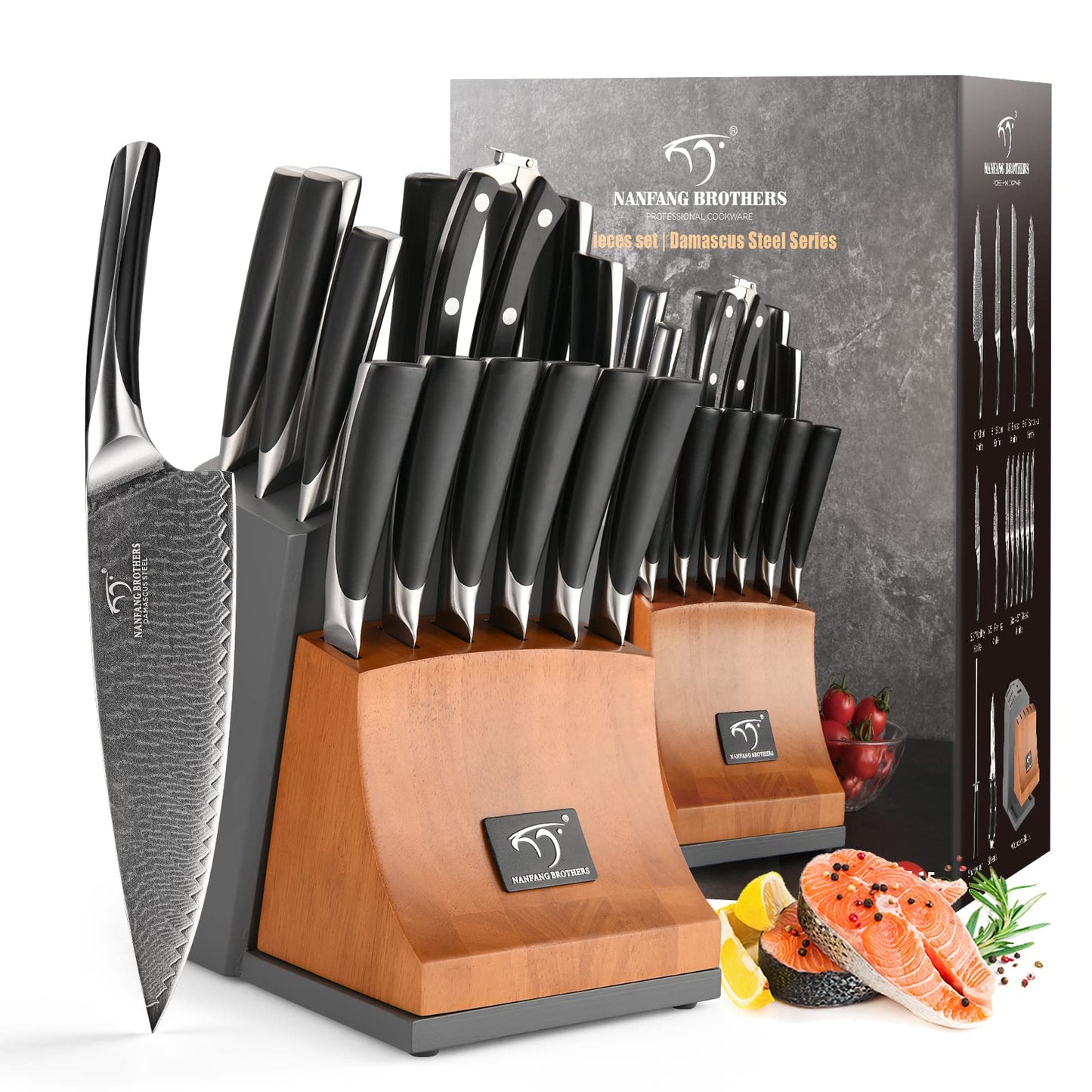 Knife Set, NANFANG BROTHERS 15-Piece Damascus Kitchen Knife Set with Block, ABS Ergonomic Handle for Chef Knife Set, Carving Fork, Disconnect-type Knife Block Set