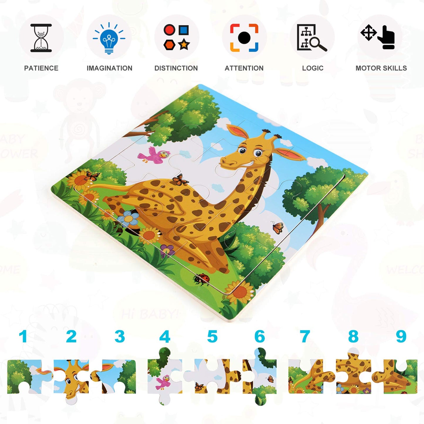 NASHRIO Wooden Puzzles for Toddlers 2-5 Years Old(Set of 6), 9 Pieces Preschool Educational and Learning Animal Jigsaw Puzzle Toy Gift Set for Boys and Girls