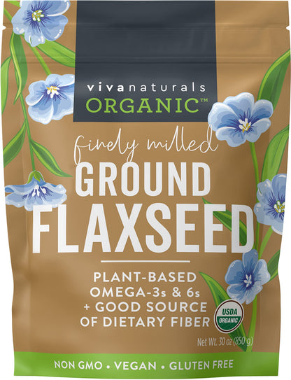 Viva Naturals Organic Ground Flaxseed - Premium Quality Plant-Based Protein and Vegan Omega 3 with Fiber, Perfect for Smoothies, Finely Milled Flaxseed 15 oz (425 g)