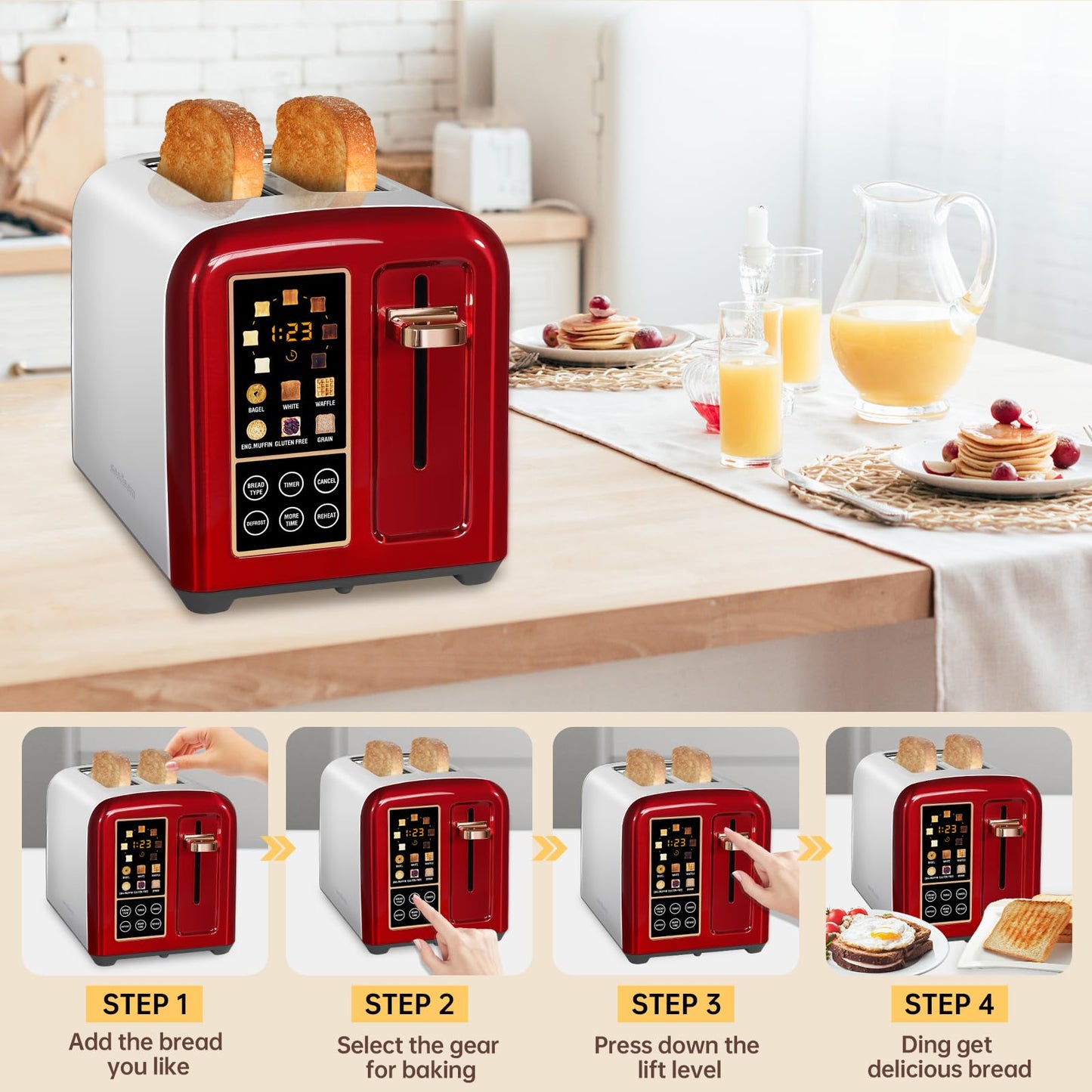 SEEDEEM Toaster 2 Slice, Stainless Toaster LCD Display&Touch Buttons, 50% Faster Heating Speed, 6 Bread Selection, 7 Shade Setting, 1.5''Wide Slot, Removable Crumb Tray, 1350W, Dark Metallic