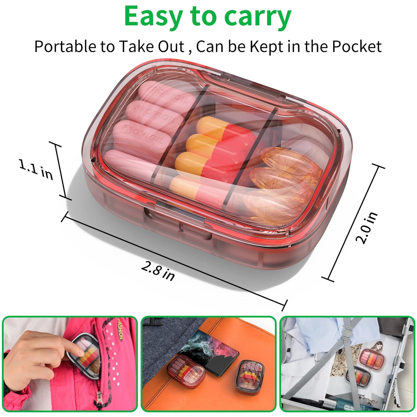 2 Pack 3 Compartment Small Pill Box, Moisture Proof Pill Case, Travel Pill Organizer for Pocket Purse, Daily Portable Medicine Vitamin Box, Fish Oil Box, Supplement Box