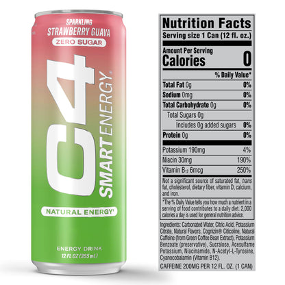 C4 Smart Energy Drink – Boost Focus and Energy with Zero Sugar, Natural Energy, and Nootropics - 200mg Caffeine - Cherry Berry Lime (12oz Pack of 12)