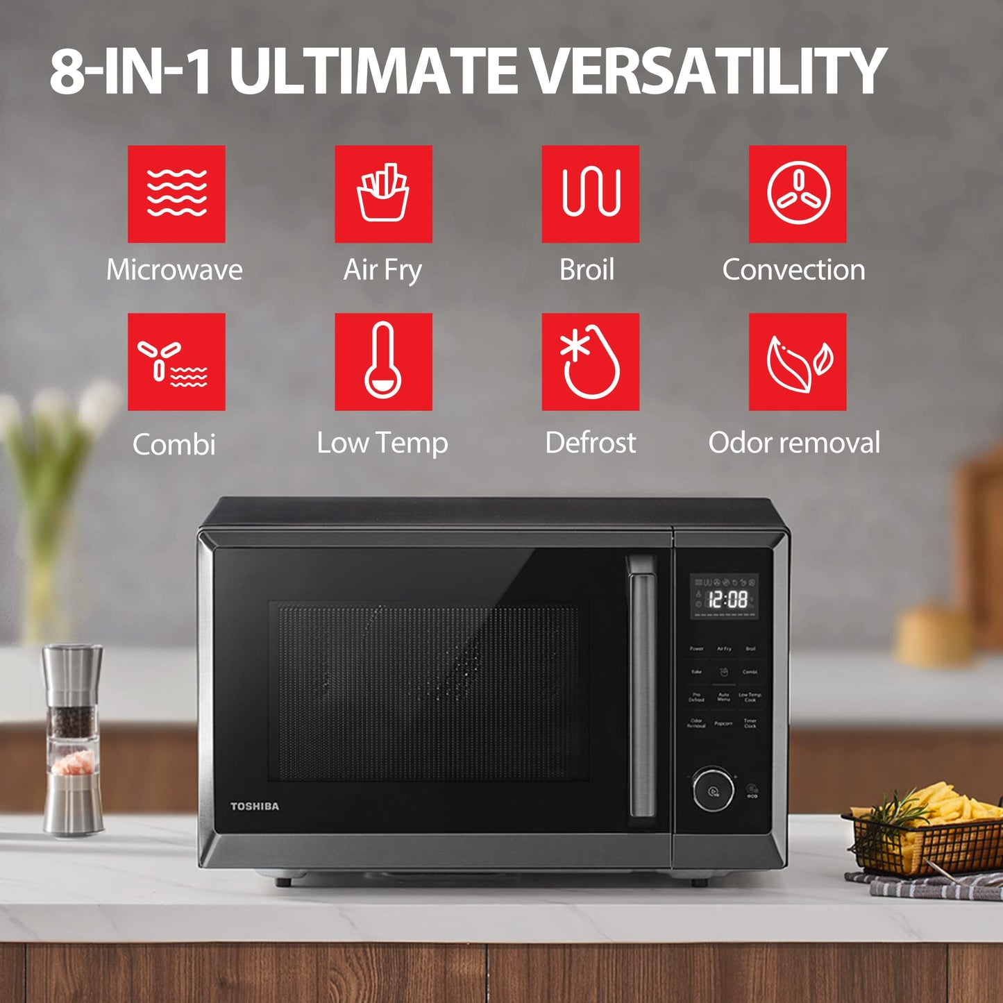 TOSHIBA EM131A5C-BS Countertop Microwave Ovens 1.2 Cu Ft, 12.4" Removable Turntable Smart Humidity Sensor 12 Auto Menus Mute Function ECO Mode Easy Clean Interior Black Color 1100W