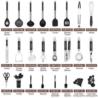 Kitchen Utensils Set-Silicone Cooking Utensils-32 pcs Non-Stick Silicone Cooking Kitchen Utensils Spatula Set with Holder-Best Kitchen Cookware with Stainless Steel Handle (Black)