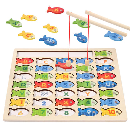 Wooden Magnetic Fishing Game for Toddlers, Montessori Fine Motor Skills Toy with Letters and Numbers, Preschool Learning ABC and Puzzle Birthday Toys Gift for 3 4 5+ Year Old Kids(2 Poles)