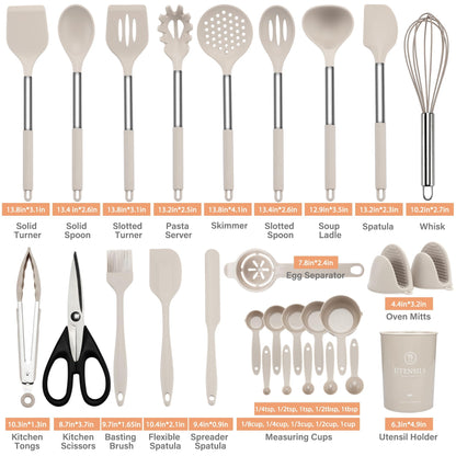 Kitchen Utensils Set, Hvygss Silicone Cooking Utensils Set, Stainless Steel Handle Silicone Spatula Set with Silicone Whisk, Tongs, Ladle, Scissors, Measuring Cups and Spoons Set (Khaki)