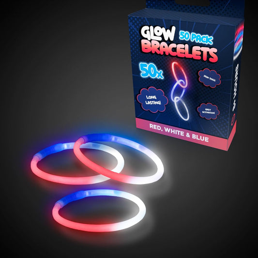 Windy City Novelties 4th of July Glow Stick Bracelet in Red, Blue, White, Best for Patriotic Events Pack of 50