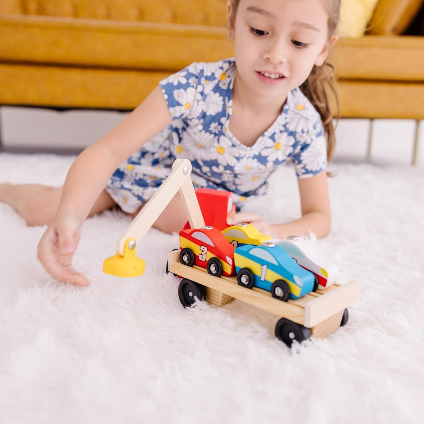 Melissa & Doug Magnetic Car Loader Wooden Toy Set With 4 Cars and 1 Semi-Trailer Truck