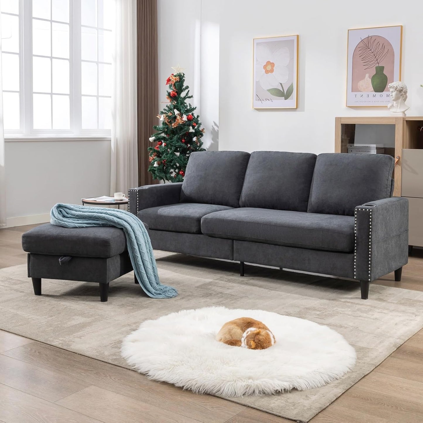 Convertible Sectional Couches for Living Room, L-Shaped Couch 3 Seats Sofas with Storage Chaise & 2 Cup Holders, Small Sofa for Apartment, Compact Spaces, Dark Grey