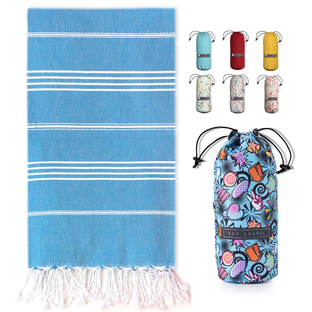 BAY LAUREL Turkish Beach Towel with Travel Bag 39 x 71 Quick Dry Sand Free Lightweight Large Oversized Towels Light