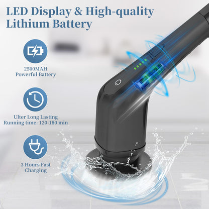 Cordless Electric Spin Scrubber, 380 RPM 30KG Non-Stalling 2 Speeds Power Bathroom Shower Cleaner, Ultra 3H Work Time Spin Cleaning Brush Supplies, 7 Heads for Bathtub Tile Floor Car Toilet