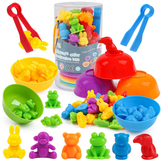 Counting Animals Toys Matching Game with Sorting Bowls Preschool Learning Activities Montessori Sensory Toys for Math Color Sorting, Party Favors Birthday Gifts for Kids - Zoo