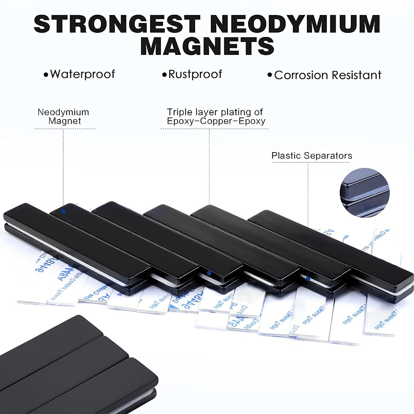 MIKEDE Strong Rare Earth Neodymium Magnets, Heavy Duty Bar Magnets with Double-Sided Adhesive, Powerful Pull Force, Perfect for Fridge, Garage, Kitchen, Science, Craft, Office, DIY 60x10x3mm 6pack