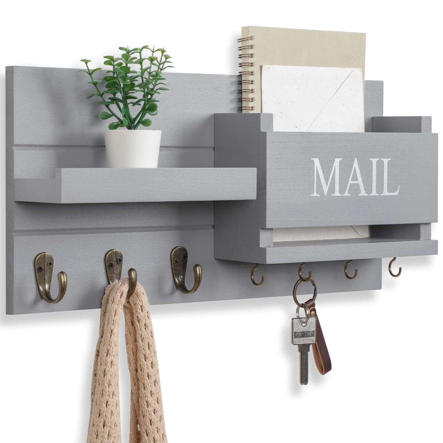 Mail Organizer for Wall Mount – Key Holder with Shelf includes Letter Holder and Hooks for Hallway Farmhouse Decor – Rustic Wood with Flush Mounting Hardware (16.5” x 9.1” x 3.4”) (Black)