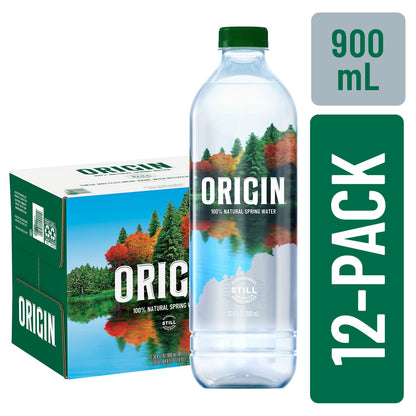 ORIGIN, 100% Natural Spring Water, 900 mL, Recycled Plastic Bottle, 30.4 Fl Oz (Pack of 12)