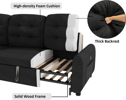 Ucloveria Sectional Sofa Couch, 87" Sleeper Sofa Bed with Reversible Storage Chaise Pull Out Couch for Living Room | Side Pocket | Charging Station | Removable Backrest | Linen Fabric, Black