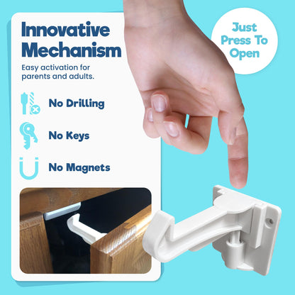 Upgraded Invisible Baby Proofing Cabinet Latch Locks (10 Pack) - No Drilling or Tools Required for Installation, Works with Most Cabinets and Drawers, Works with Countertop Overhangs, Highly Secure