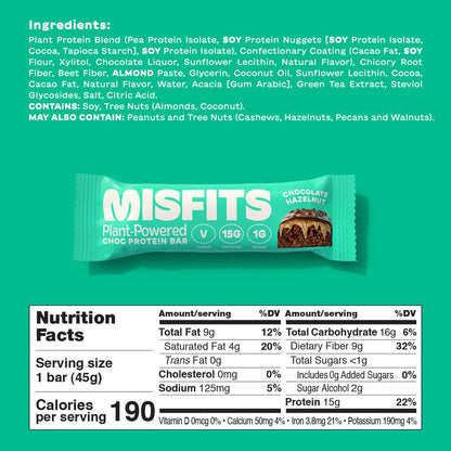 Misfits Vegan Protein Bar, Variety Pack, Plant Based Chocolate Protein Bars, High Protein Snacks for Adults with 15g Plant Protein Per Bar, Low Carb, 1g Sugar, High Fiber, Healthy Snack Food, 12 Pack