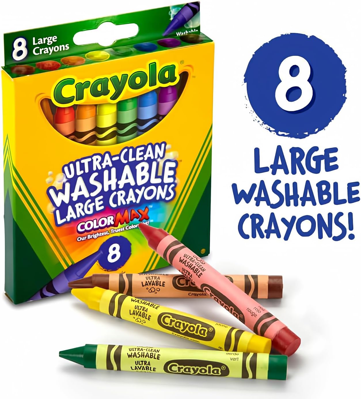 Crayola 523280 Ultra-Clean Washable Crayons, Large, 8 Colors/Box