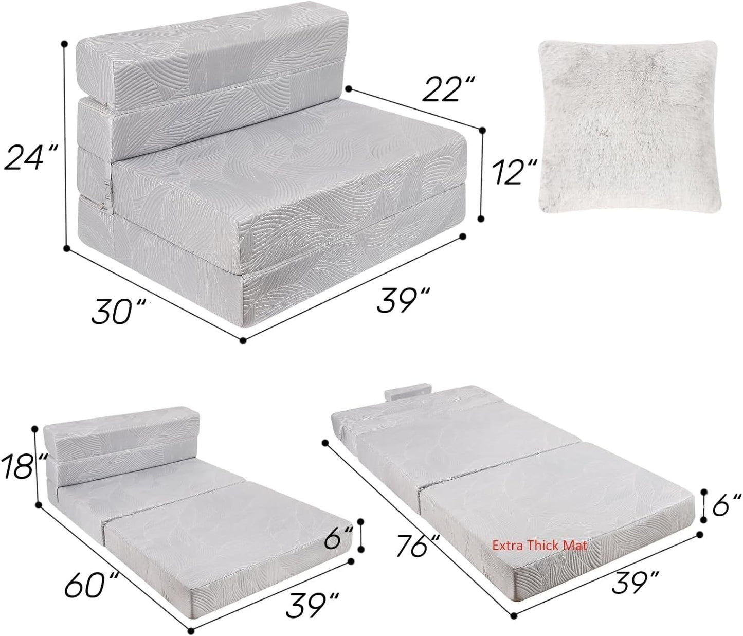 Tri Folding Sofa Mattress, High-Density Memory Foam Sofa Bed with a Fluffy Pillow, Futon Floor Couch Guest Bed, Twin Size, Grey