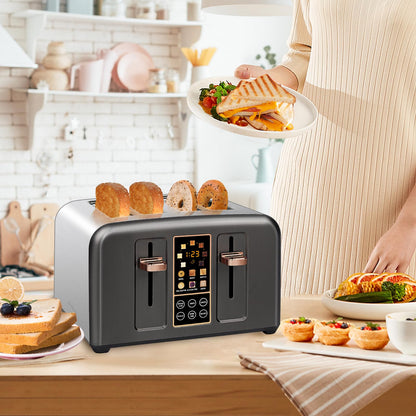 SEEDEEM Toaster 2 Slice, Stainless Toaster LCD Display&Touch Buttons, 50% Faster Heating Speed, 6 Bread Selection, 7 Shade Setting, 1.5''Wide Slot, Removable Crumb Tray, 1350W, Dark Metallic