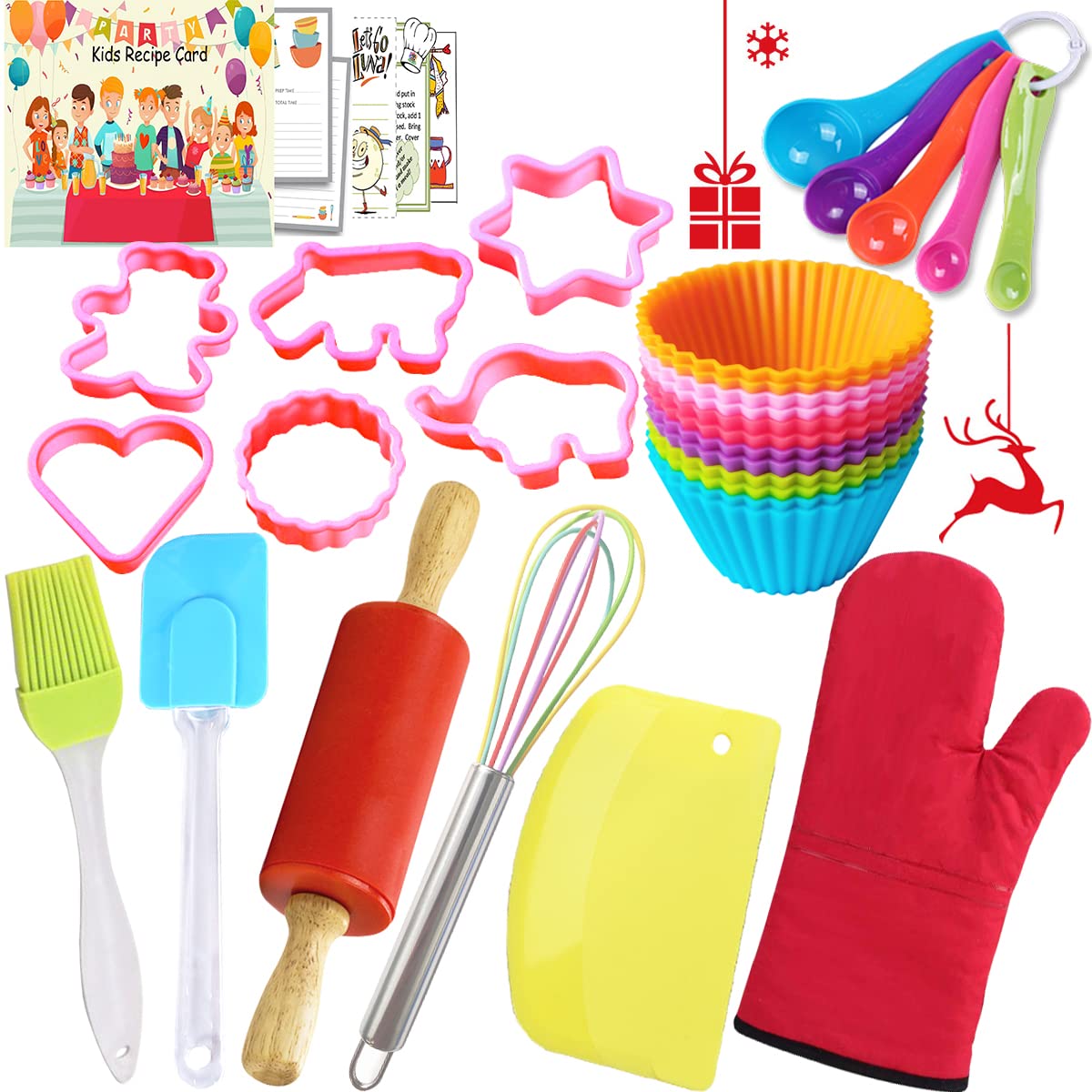 Kids Knife Set for Real Cooking Toddler Kitchen Tools Include 4 Serrated Edges Plastic Safe Knives,Crinkle Cutter Y Peeler Cutting Boards Wood Kids Knife, Kitchen Gloves, Fruit Forks and Dough Cutters