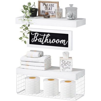 QEEIG ‎Bathroom Furniture Sets Shelves Over Toilet Paper Storage Wall Mounted Farmhouse Decor Decorations Aesthetic Décor Sign Small Floating Wall Shelf 2+1 Set 16 inch, Grey (020GY)