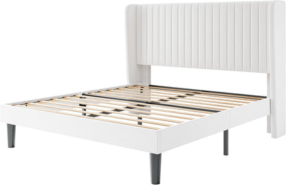 SHA CERLIN Queen Size Velvet Bed Frame with Vertical Channel Tufted Wingback Headboard, Upholstered Platform Bed with Wood Slats, No Box Spring Needed, Easy Assembly, White