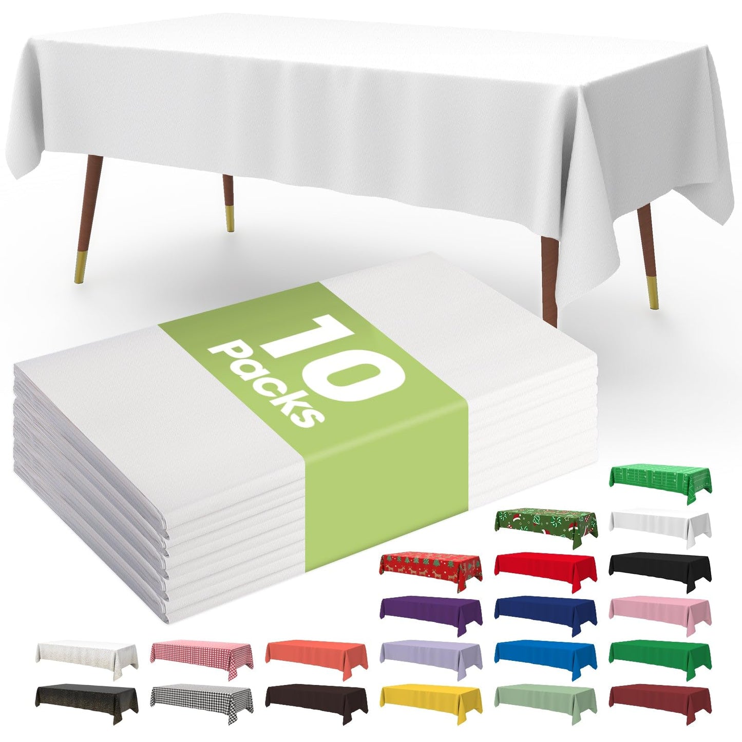 Premium Disposable Table Cloth - 10 Pack, 54 x 108 Inch Table Cloths for Parties, Decorative Tablecloths for Rectangle Tables, White Plastic Table Cover, Leakproof & Sturdy, White