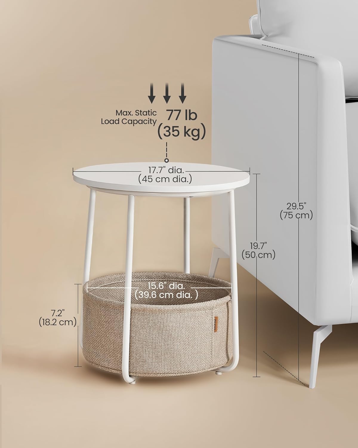 VASAGLE End Table, Small Bedside Table with Fabric Basket, Modern Nightstand, Round Side Table, for Living Room, Bedroom, Matte White and Camel Brown ULET223W10