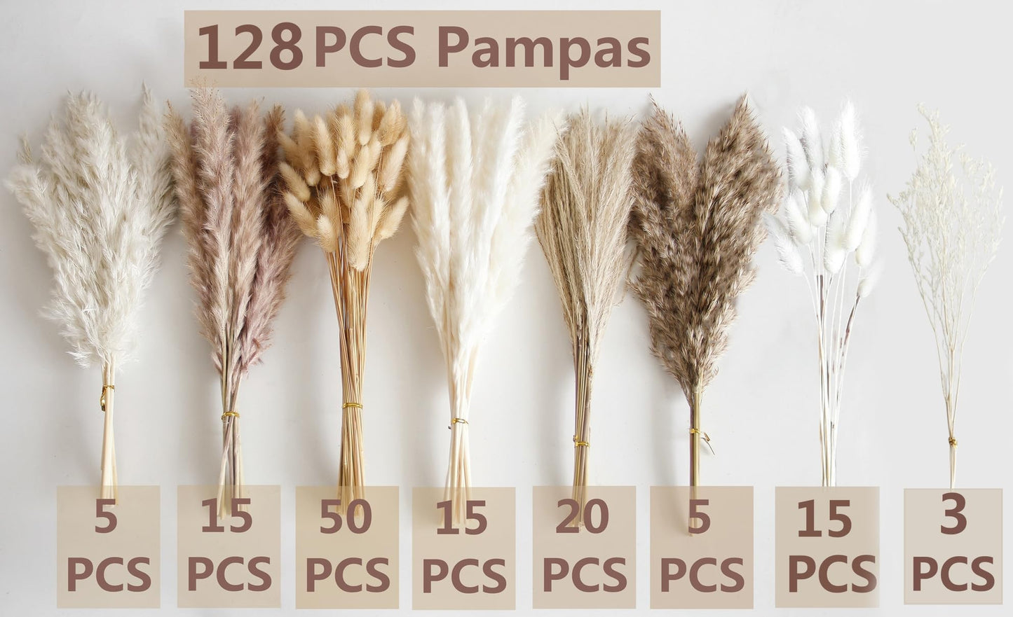 110 PCS Dried Pampas Grass Bouquet, Boho Table Decor, Bunny Tails Dried Flowers, Brown Pompas, White Pampas Grass for Wedding, Home, Rustic Party, Baby Shower Decorations