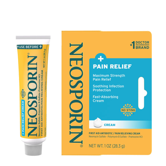 Neosporin + Maximum-Strength Pain Relief Dual Action Cream, First Aid Topical Antibiotic & Analgesic Cream for Wound Care of Minor Cuts, Scrapes & Burns, Polymyxin B & Pramoxine HCl, 1 oz