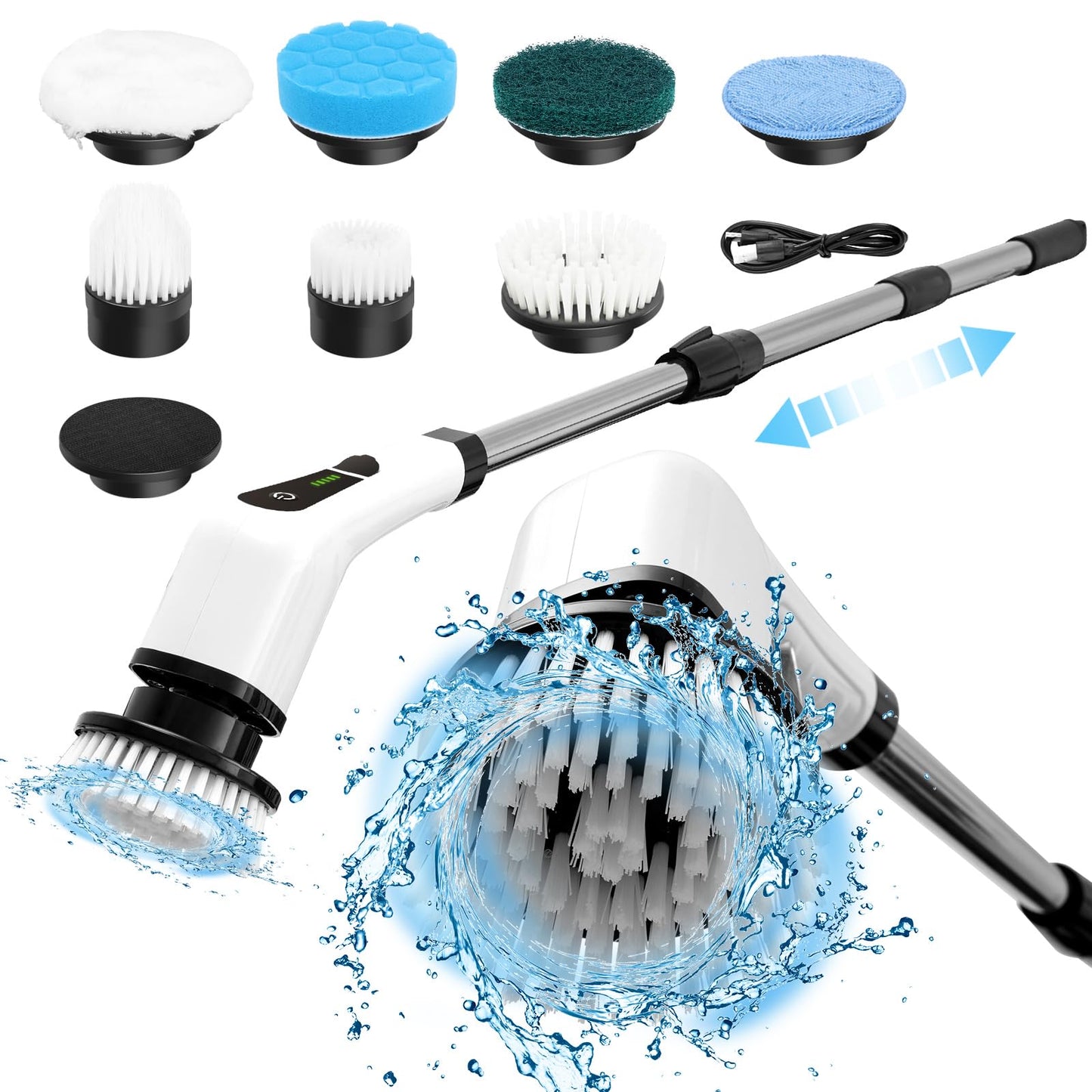 Cordless Electric Spin Scrubber, 380 RPM 30KG Non-Stalling 2 Speeds Power Bathroom Shower Cleaner, Ultra 3H Work Time Spin Cleaning Brush Supplies, 7 Heads for Bathtub Tile Floor Car Toilet