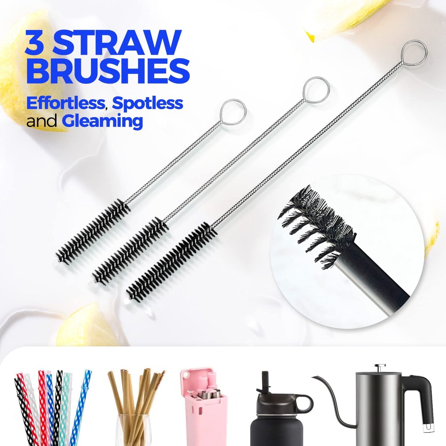 Holikme 6 Pack Bottle Brush Set, 14" Long Handle Stainless Steel Bottle Cleaner Brush, 3 Straw Brushes, 3-in-1 Bottle Cleaning Brush for Water Bottle, Baby Bottle, Straws Black