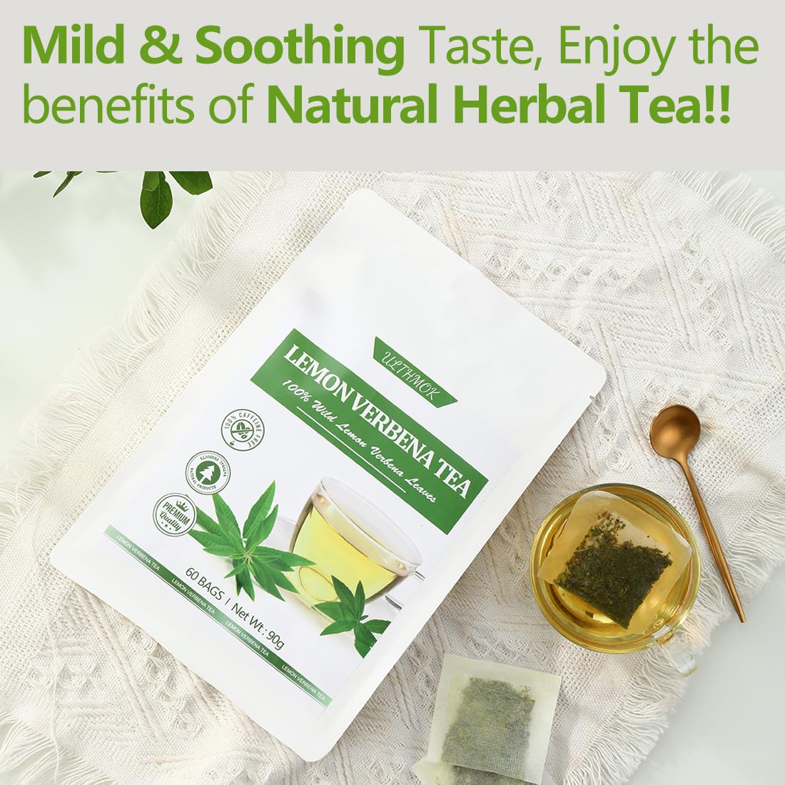 Premium 50 Mullein Leaf Tea Bags. Made with 100% Pure Mullein Leaves, for Lungs Cleanse and Respiratory Support, No Flavoring & No Additives & Caffeine Free.