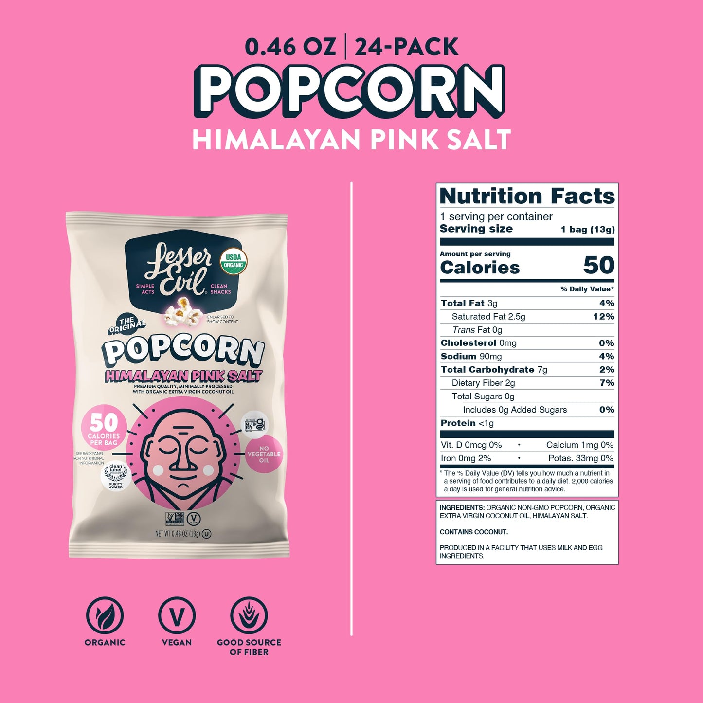 LesserEvil Himalayan Pink Salt Organic Popcorn, Premium Quality, Minimally Processed, No Vegetable Oil, 0.46 Oz, Pack of 24